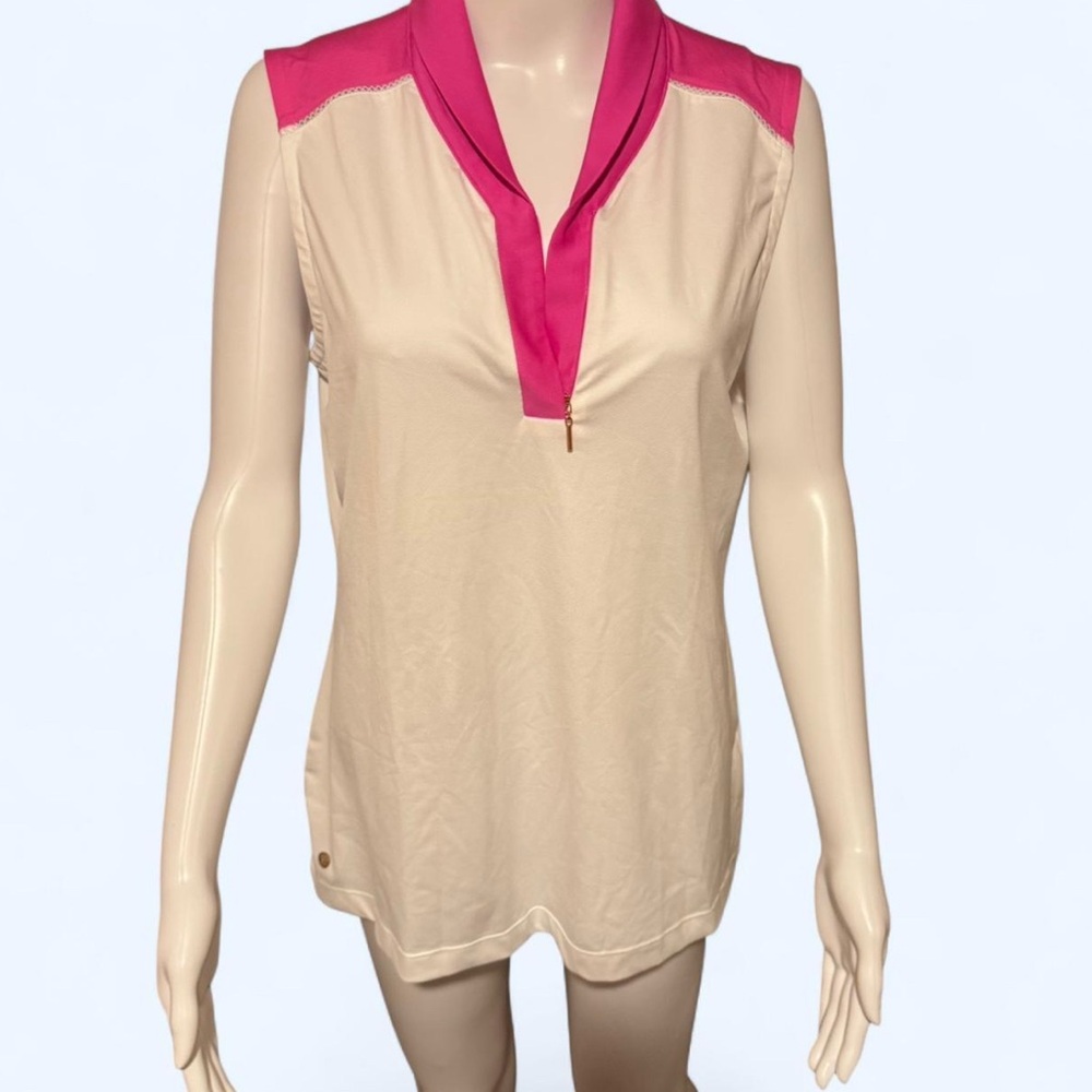 Pink and White Women's Polo Top